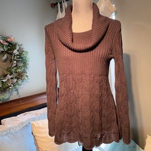 Style & Co scalloped hem knit rib combo cowl neck hip length sweater grey pm